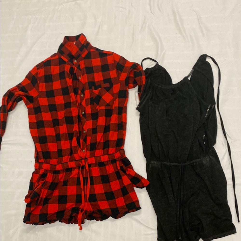 Red and Black Plaid Shirt Dress with Black Romper